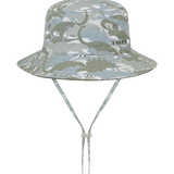 Kooringal Dozer Boys Bucket Hat in Clifton Camo, a sage green dinosaur camouflage bucket hat with chin cord