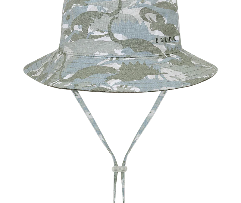 Kooringal Dozer Boys Bucket Hat in Clifton Camo, a sage green dinosaur camouflage bucket hat with chin cord