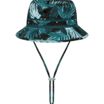 Kooringal Dozer Boys Bucket Hat in Hideaway, a black bucket hat with a teal tropical leaf print and chin cord