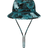 Kooringal Dozer Boys Bucket Hat in Hideaway, a black bucket hat with a teal tropical leaf print and chin cord