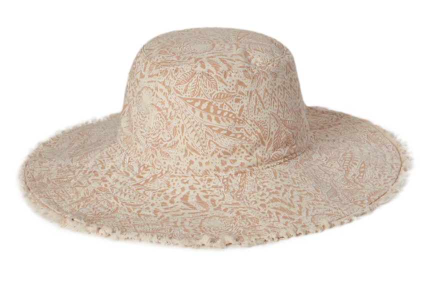 Kooringal Girls Wide Brim Maddi hat in Natural, a tan floral-print sun hat with a frayed brim