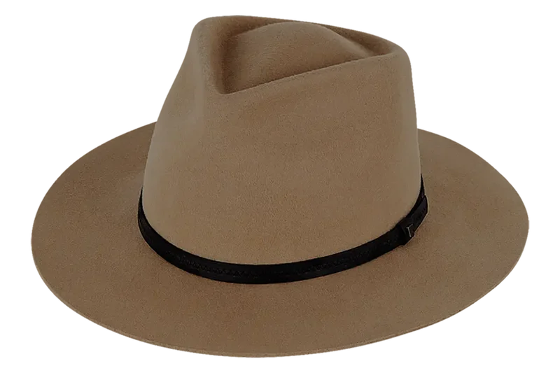 Kooringal Goodwin Wide Brim Fedora in Driftwood, a taupe wool felt fedora with a black band