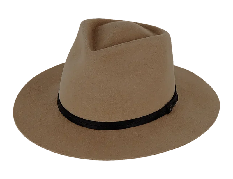 Kooringal Goodwin Wide Brim Fedora in Driftwood, a taupe wool felt fedora with a black band