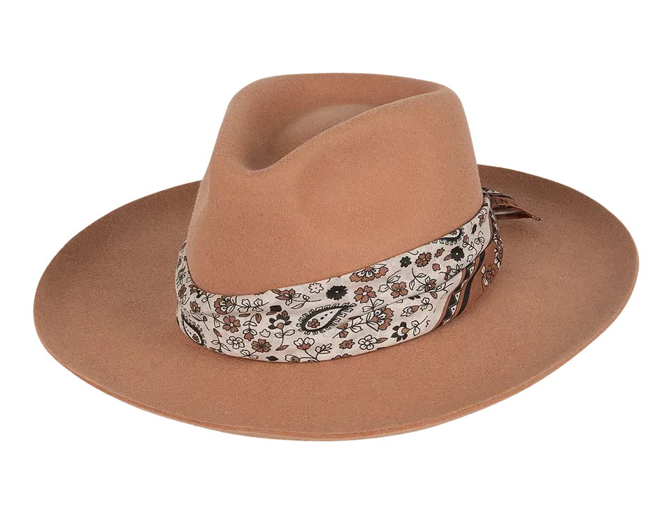 Kooringal Goulburn Wide Brim Fedora in Terracotta, a rust felt hat with a paisley scarf band