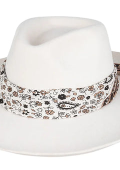Kooringal Goulburn Wide Brim Fedora in White, a white felt hat with a paisley scarf band