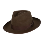 Kooringal Jones Universal Mid Brim Fedora in Dark Brown, a wool felt fedora with a matching band, angled view