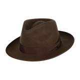 Kooringal Jones Universal Mid Brim Fedora in Dark Brown, a wool felt fedora with a matching band, angled view