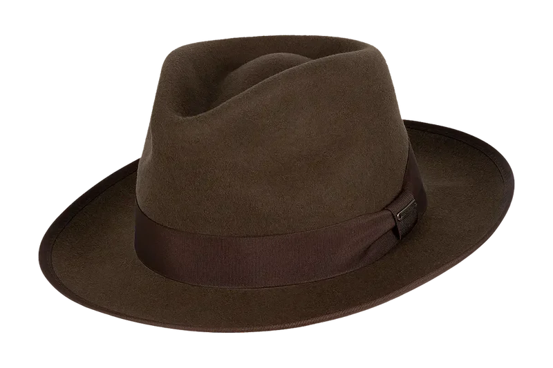 Kooringal Jones Universal Mid Brim Fedora in Dark Brown, a wool felt fedora with a matching band, angled view