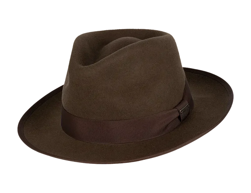 Kooringal Jones Universal Mid Brim Fedora in Dark Brown, a wool felt fedora with a matching band, angled view