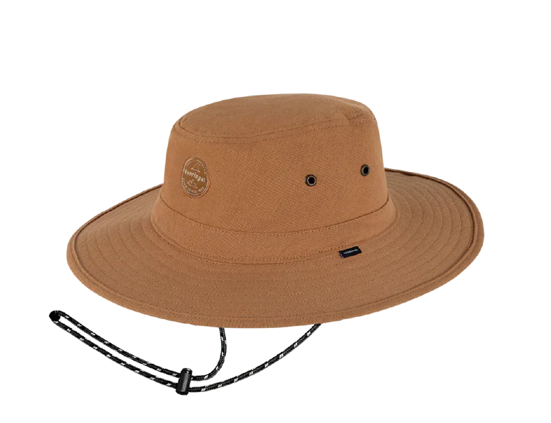 Kooringal Men's Mid Brim Surfside hat in Camel, a tan canvas bucket hat with a chin cord