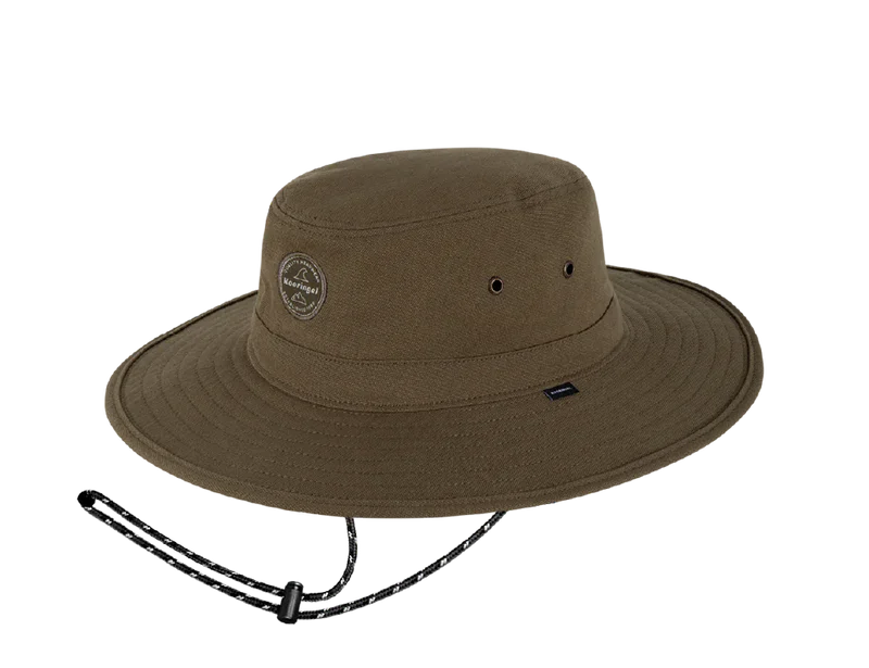 Kooringal Men's Mid Brim Surfside hat in Military, an olive canvas bucket hat with a chin cord