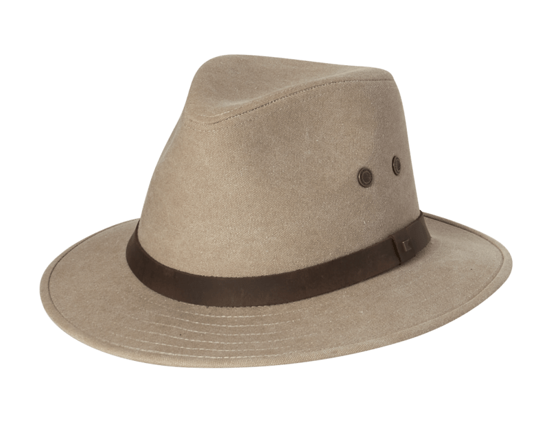 Kooringal Men's Safari Kosciusko hat in Clay, a tan canvas safari hat with a brown band, angled view