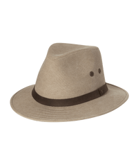 Kooringal Men's Safari Kosciusko hat in Clay, a tan canvas safari hat with a brown band, angled view