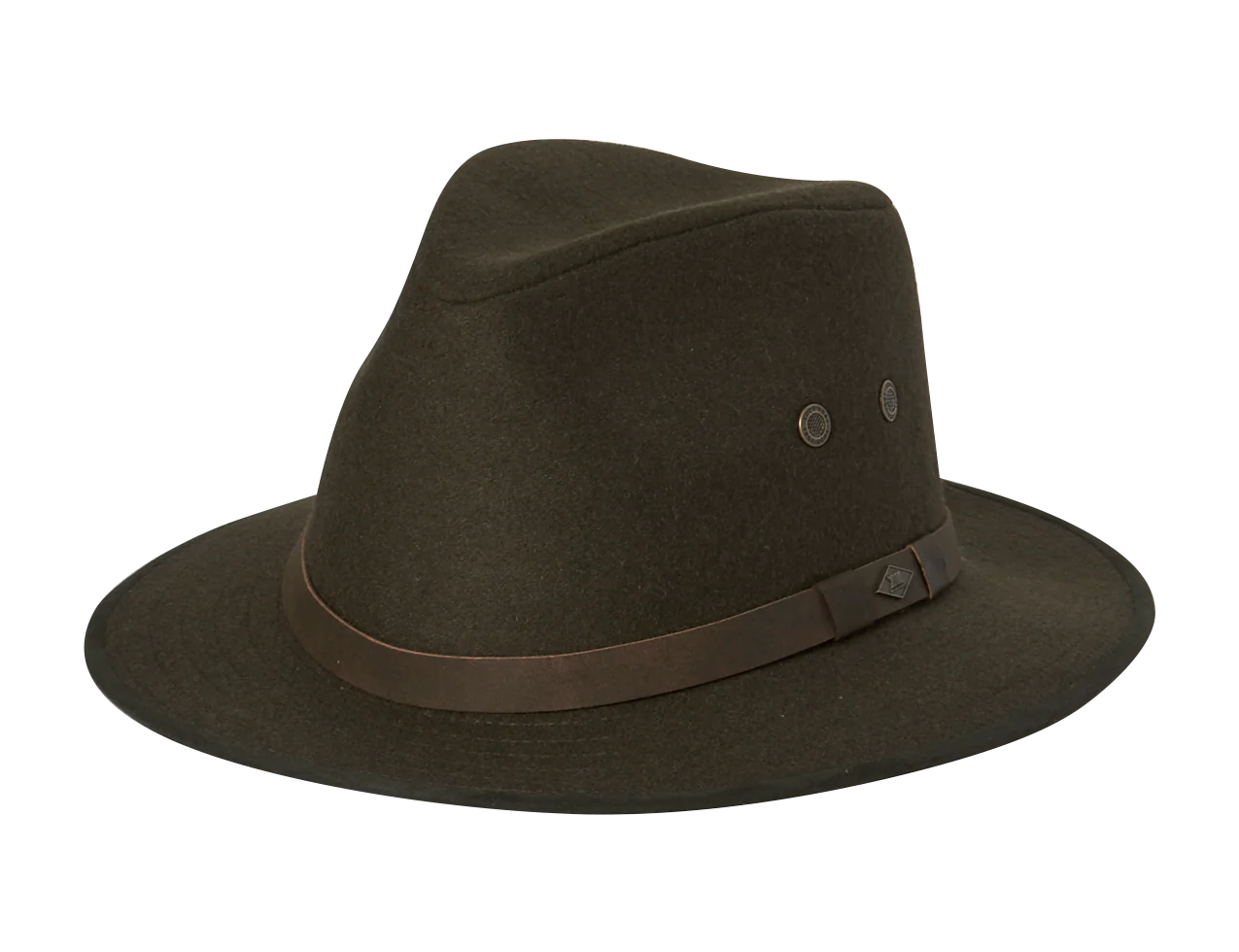 Kooringal Men's Safari Kosciusko hat in Moss, a dark green canvas safari hat with a brown band, angled view