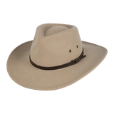 Kooringal Nomad Cowboy Hat in Sand, a beige wool felt hat with a brown leather band, angled view