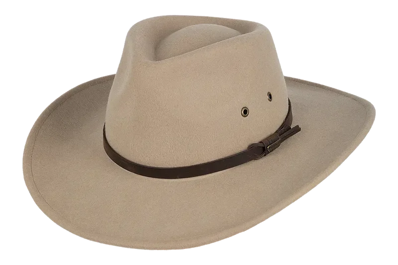 Kooringal Nomad Cowboy Hat in Sand, a beige wool felt hat with a brown leather band, angled view