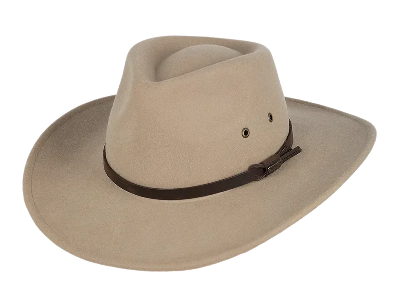 Kooringal Nomad Cowboy Hat in Sand, a beige wool felt hat with a brown leather band, angled view