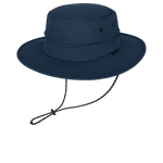Kooringal Wayfinder Mid Brim hat in Navy, a canvas bucket hat with a chin cord, angled view