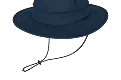 Kooringal Wayfinder Mid Brim hat in Navy, a canvas bucket hat with a chin cord, angled view