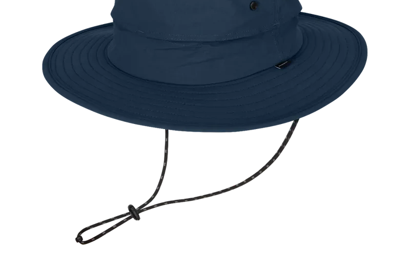 Kooringal Wayfinder Mid Brim hat in Navy, a canvas bucket hat with a chin cord, angled view