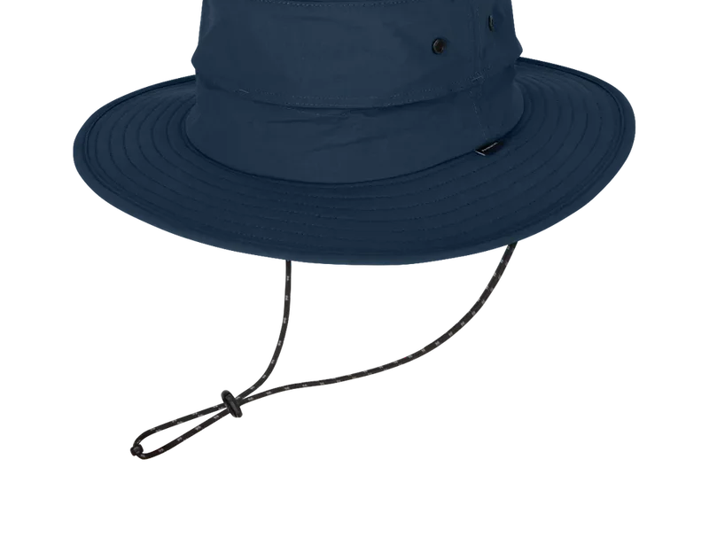 Kooringal Wayfinder Mid Brim hat in Navy, a canvas bucket hat with a chin cord, angled view