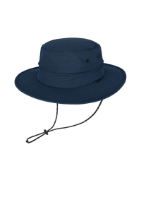 Kooringal Wayfinder Mid Brim hat in Navy, a canvas bucket hat with a chin cord, angled view