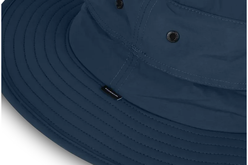 Close-up of the eyelets and stitched brim on the Kooringal Wayfinder Mid Brim hat in Navy