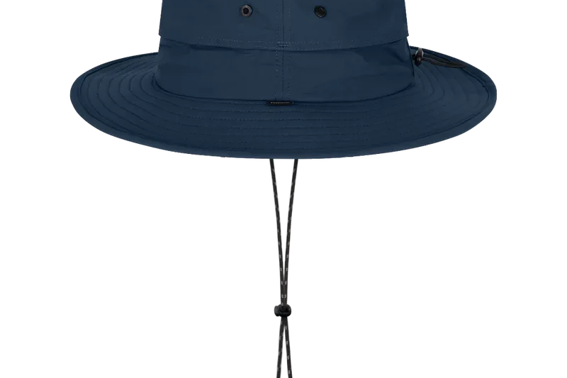 Kooringal Wayfinder Mid Brim hat in Navy, side view with the chin cord hanging