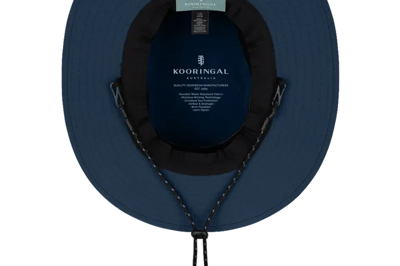 Kooringal Wayfinder Mid Brim hat in Navy, view from underneath showing the inner band and chin cord