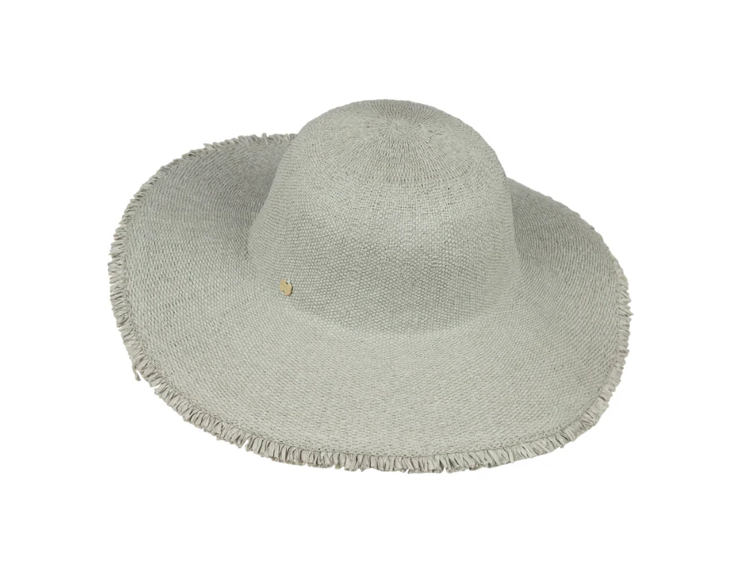 Kooringal Wide Brim Watago Sage Hat, a sage green woven hat with a frayed brim, angled view