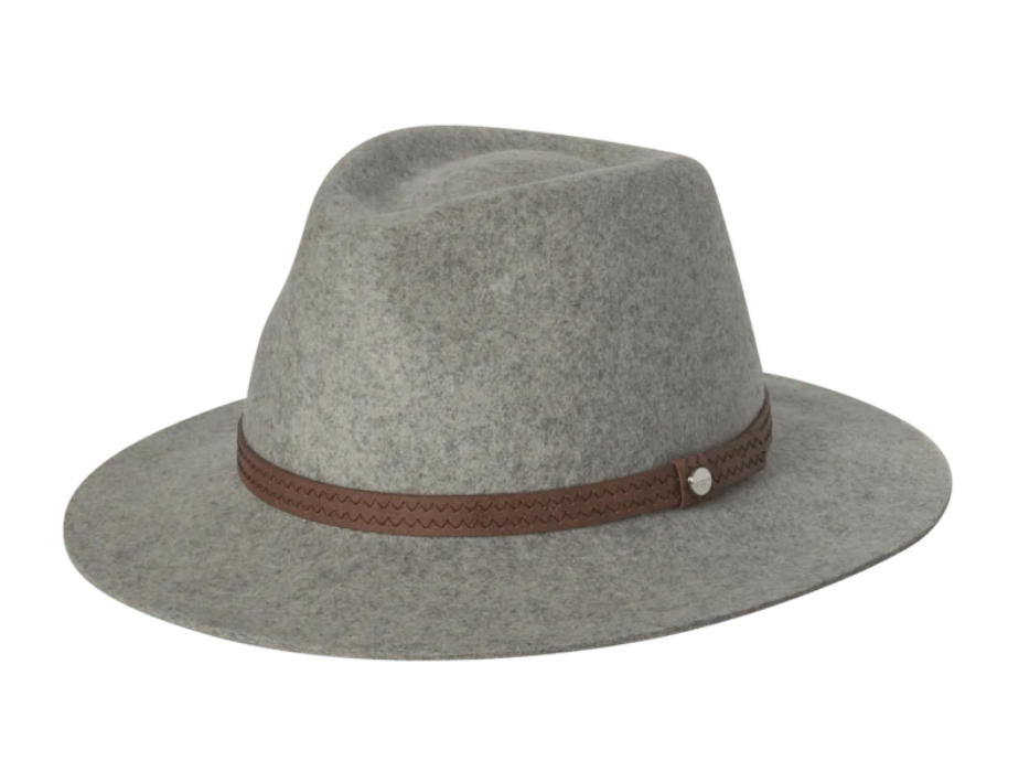 Kooringal Women's Safari Kallie hat in Grey Marle, a heathered gray felt hat with a brown leather band