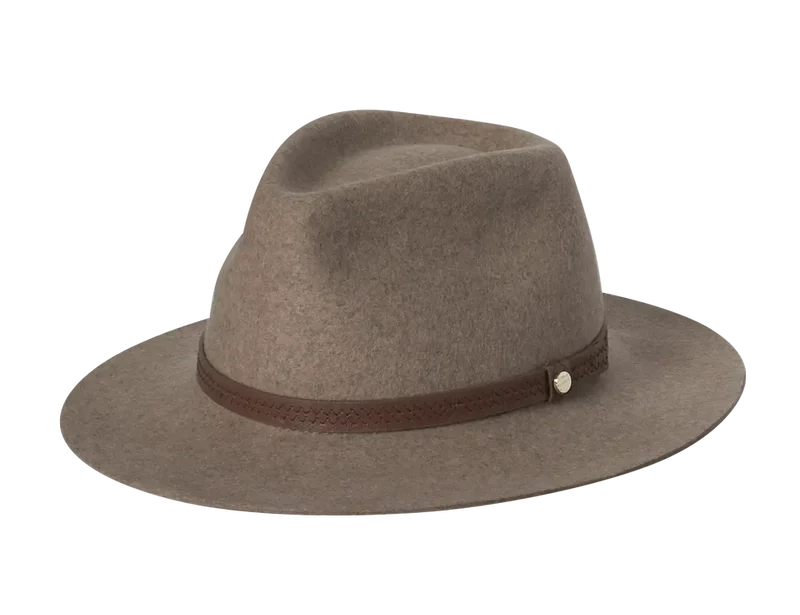 Kooringal Women's Safari Kallie hat in Natural Marle, a heathered taupe felt hat with a brown leather band