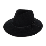 Kooringal Women's Safari Sadie hat in Black, a black knit hat with a braided cord band, angled view
