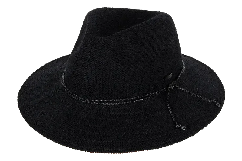Kooringal Women's Safari Sadie hat in Black, a black knit hat with a braided cord band, angled view