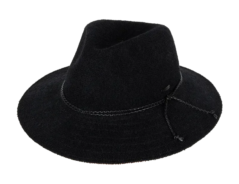 Kooringal Women's Safari Sadie hat in Black, a black knit hat with a braided cord band, angled view
