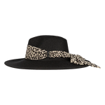 Kooringal Women's Wide Brim Kimberly hat in Black, angled view with the leopard scarf band