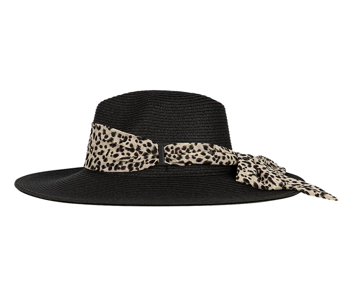 Kooringal Women's Wide Brim Kimberly hat in Black, angled view with the leopard scarf band