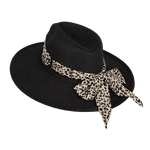Kooringal Women's Wide Brim Kimberly hat in Black, side view showing the leopard scarf bow