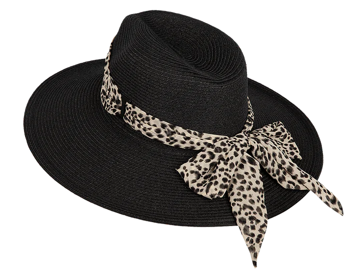 Kooringal Women's Wide Brim Kimberly hat in Black, side view showing the leopard scarf bow
