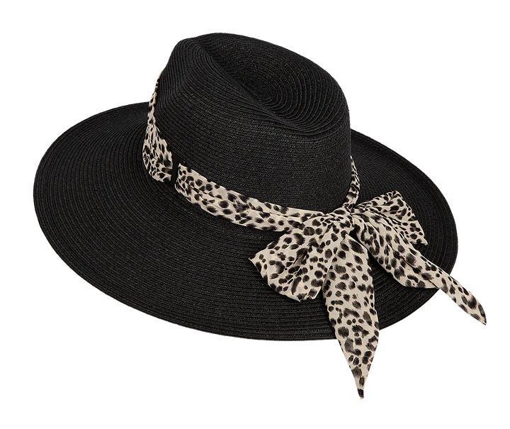 Kooringal Women's Wide Brim Kimberly hat in Black, side view showing the leopard scarf bow