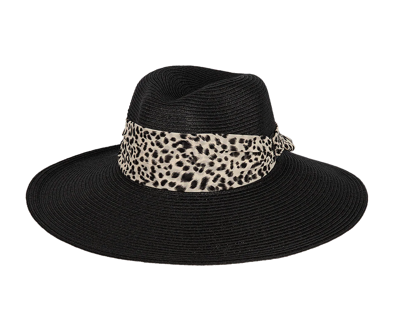 Kooringal Women's Wide Brim Kimberly hat in Black, a black straw hat with a leopard print scarf band