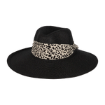 Kooringal Women's Wide Brim Kimberly hat in Black, a black straw hat with a leopard print scarf band