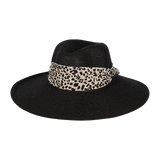 Kooringal Women's Wide Brim Kimberly hat in Black, a black straw hat with a leopard print scarf band