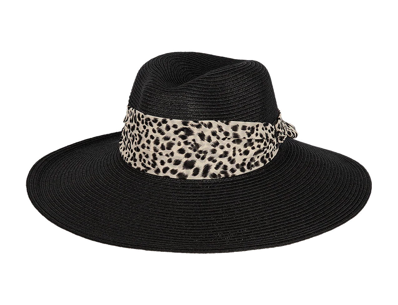 Kooringal Women's Wide Brim Kimberly hat in Black, a black straw hat with a leopard print scarf band