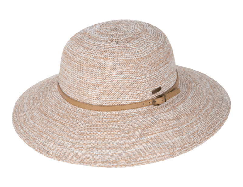 Kooringal Women's Wide Brim Leslie hat in Natural, a blush-beige woven sun hat with a tan band