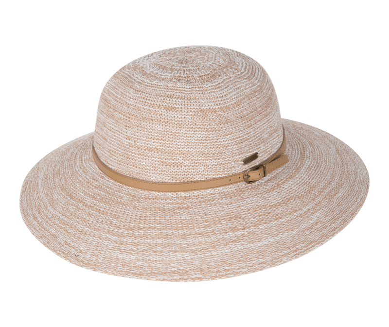 Kooringal Women's Wide Brim Leslie hat in Natural, a blush-beige woven sun hat with a tan band