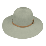 Kooringal Women's Wide Brim Leslie hat in Olive, a sage green woven sun hat with a tan band