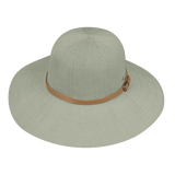 Kooringal Women's Wide Brim Leslie hat in Olive, a sage green woven sun hat with a tan band