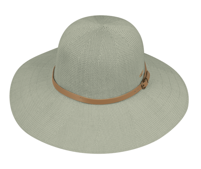 Kooringal Women's Wide Brim Leslie hat in Olive, a sage green woven sun hat with a tan band