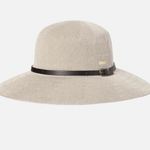 Kooringal Women's Wide Brim Leslie hat in Taupe, angled view showing the black band